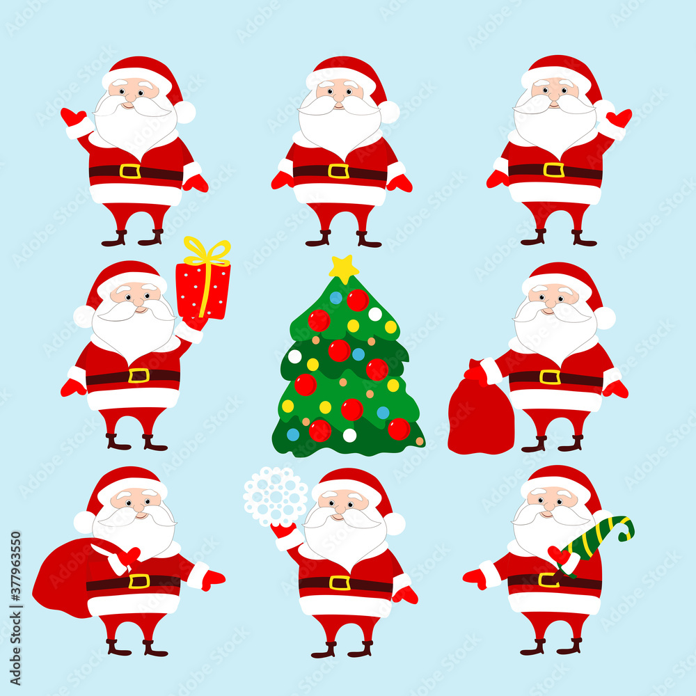 Set Santa Claus in various poses: waving, holding a spruce, gifts, snowflake. Cartoon character of Christmas and New Year holidays. Vector illustration on a blue background. Set Santa Claus in various poses: waving, holding a spruce, gifts, snowflake. Cartoon character of Christmas and New Year holidays. Vector illustration on a blue background.