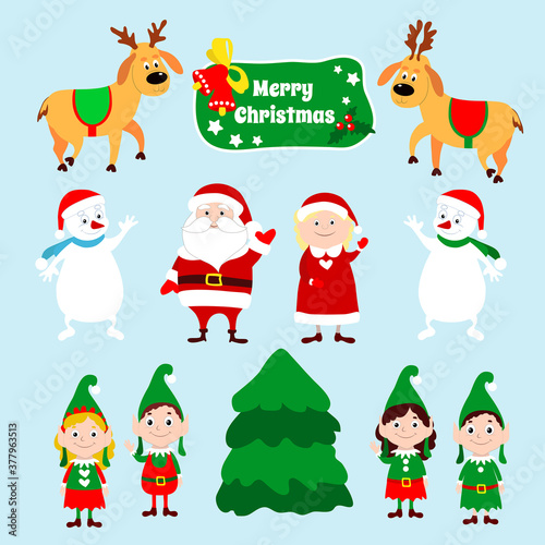 Fototapeta Naklejka Na Ścianę i Meble -  Set of Christmas characters Santa Claus, Mrs. Claus, deers, snowmen and little elves. Winter cartoon characters wave their hands on the eve of the holidays and New Year.