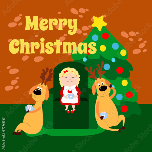 Mrs. Santa Claus is reading a book Reindeer in a house. Mother Christmas is sitting on a chair near a decorated Christmas tree. Cartoon characters. Vector illustration for cute cards.