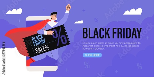 Black Friday landing page template. Seasonal discount website layout with male character flying with discount voucher. Black friday sale banner, flyer, advertisement with superhero holding coupon.
