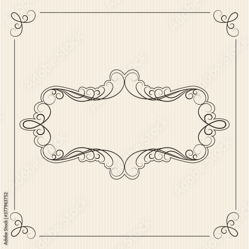 Brown calligraphy ornamental decorative frame on white striped background