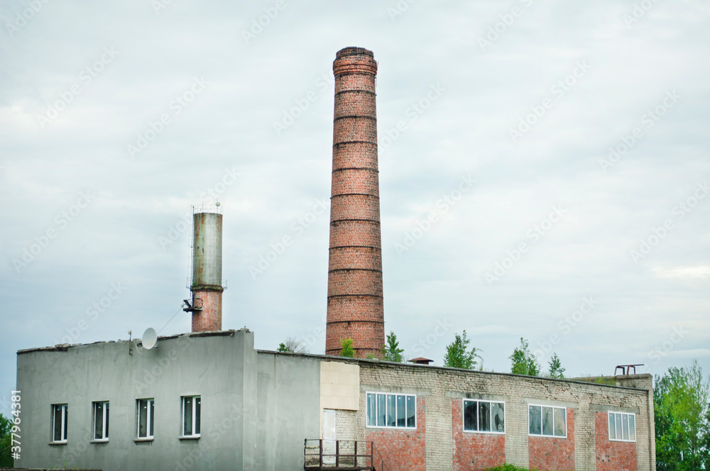 Old factory building, old brick pipes from the boiler room, young trees on the roof, but with fiberglass windows Old factory building, old brick pipes from the boiler room, young trees on the roof, but with fiberglass windows