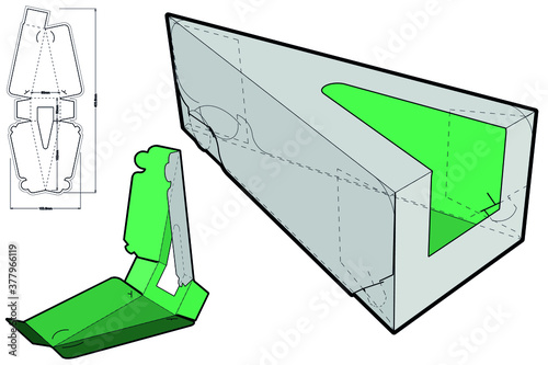 Triangular Self Assembly Packaging (eco-friendly no glue needed) and Die-cut Pattern. The .eps file is full scale and fully functional. Prepared for real cardboard production.