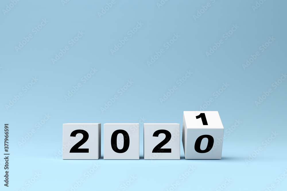 white cubes with the inscription 2020 is replaced by 2021 on a blue background, 3D render white cubes with the inscription 2020 is replaced by 2021 on a blue background, 3D render
