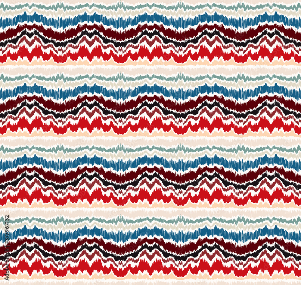 Ikat border. Geometric folk ornament. Ink on clothes. Tribal vector texture. Seamless striped pattern in Aztec style. Ethnic embroidery. Indian, Scandinavian, Gypsy, Mexican, African rug.
