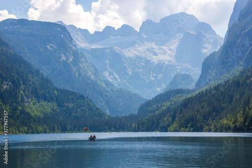 sunny day on Lake Voredere Gosausee in the Austrian Alps
