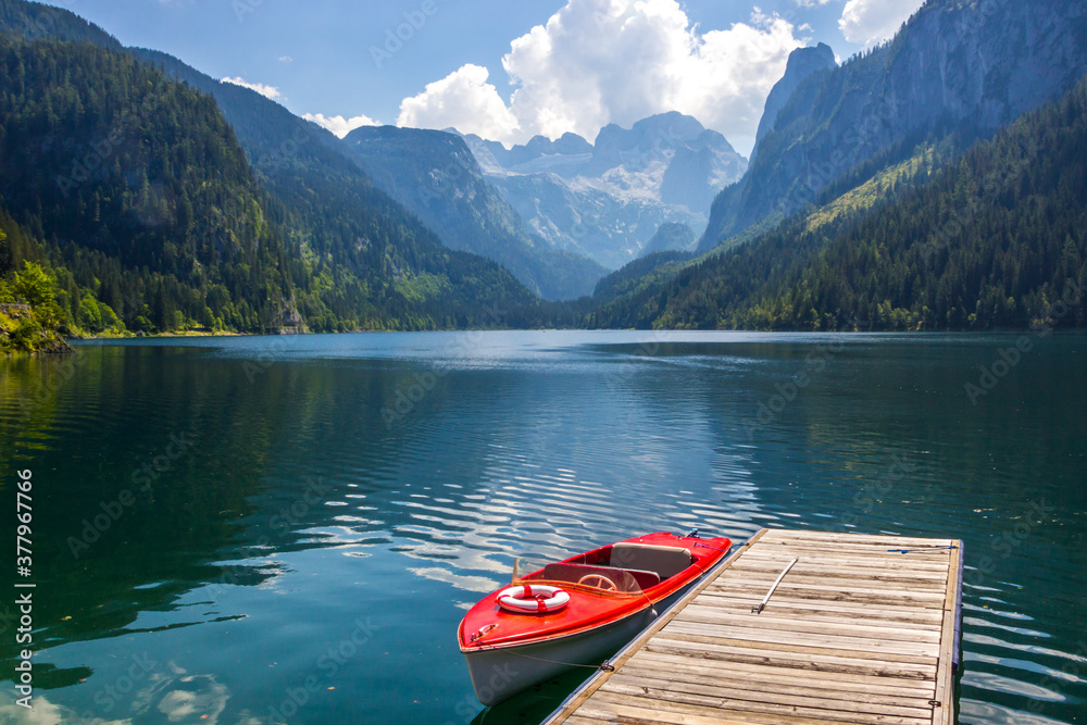 sunny day on Lake Voredere Gosausee in the Austrian Alps