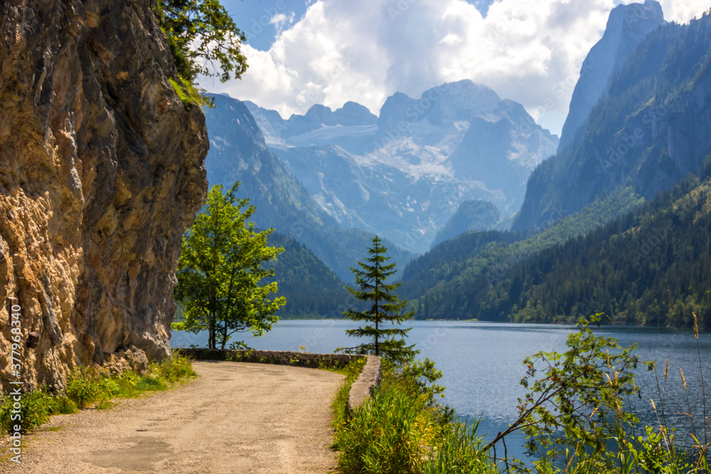 sunny day on Lake Voredere Gosausee in the Austrian Alps