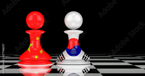 China and South Korea confrontation and relations concept. 3D rendering
