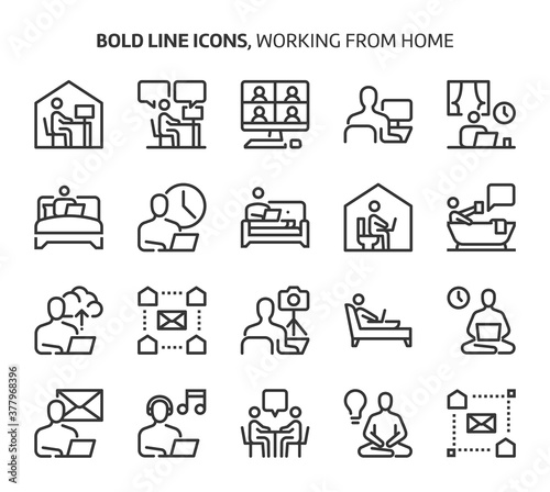 Working from home, bold line icons