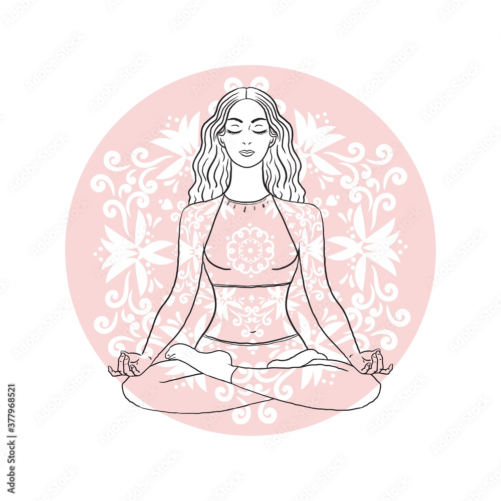 Young Beautiful meditating yogi woman in lotus yoga pose on ornamental background.Mandala. Black and white linear stock illustration. Young Beautiful meditating yogi woman in lotus yoga pose on ornamental background.Mandala. Black and white linear stock illustration.