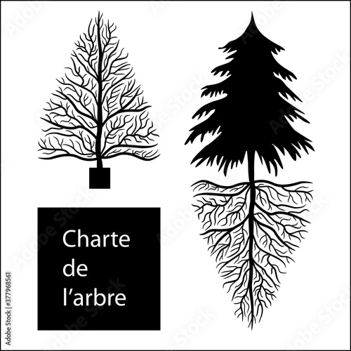 Logo d’un sapin vivant avec ses racines et celui d’un sapin mort coupé pour Noël afin illustrer les mesures à adopter pour la préservation des arbres - traduction : charte de l’arbre.