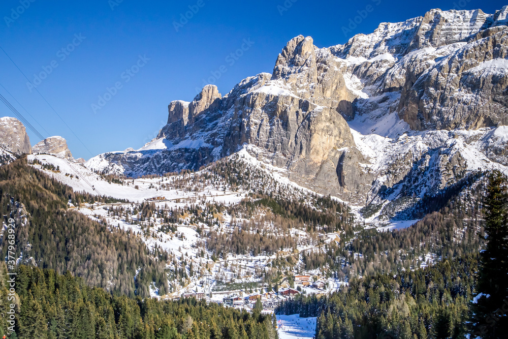 View of Dolomites Mountains in Italy. Ski area Belvedere. Canazei, Italy