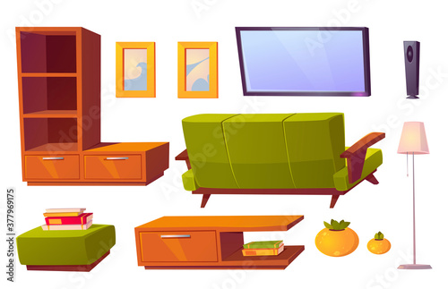 Living room interior set with green sofa, bookshelves and tv. Vector cartoon furniture collection for house, pouf, picture frames, floor lamp and rear view of couch isolated on white background