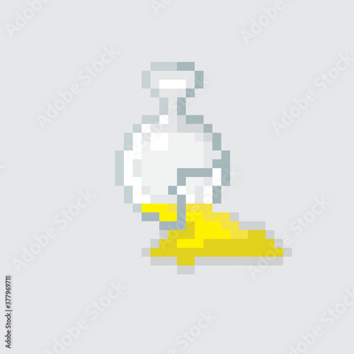 Yellow broken bottle pixel art. Vector picture.	
