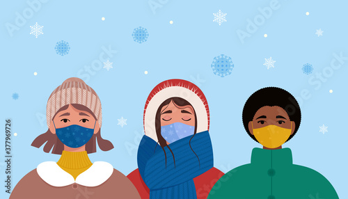 Women in protective masks in winter. Coronavirus covid-19 concept. Vector illustration in flat style