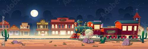 Wild west steam train at night western town with railroad, vintage locomotive, desert landscape, cacti and old wooden city buildings hotel, post, saloon, sheriff and church cartoon vector illustration