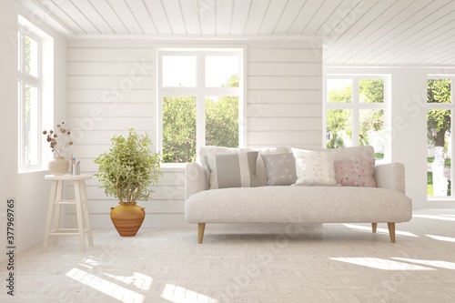White living room with sofa and summer landscape in window. Scandinavian interior design. 3D illustration