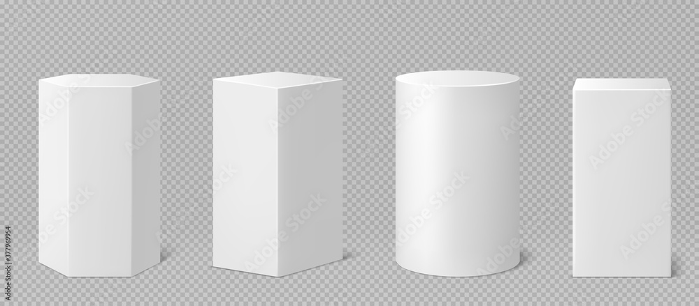 Pedestals or podium, abstract geometric empty museum stages, exhibit displays for award ceremony or product presentation. Gallery platform, geometric blank product stands, Realistic 3d vector set