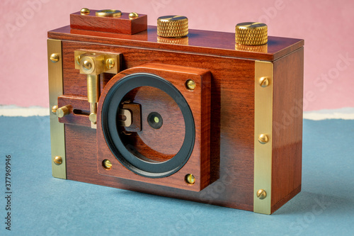 medium format film pinhole camera with filter mount and shutter mechanism, alternative photography concept
