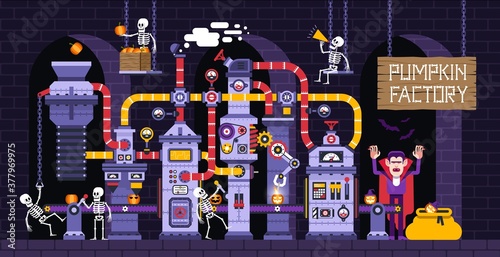 Halloween cartoon vector illustration with pumpkin production factory. Skeletons and Vampire making carved pumpkins.