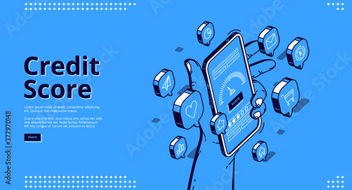 Credit score isometric landing page, hand holding smartphone with application meter. Bank consumer loan personal rating and risk control banking mobile service, 3d vector line art web banner template