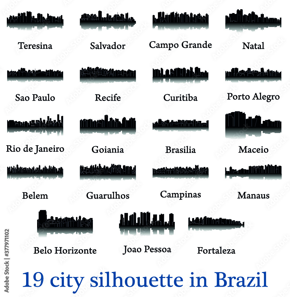 Obraz premium Set of 19 city silhouette in Brazil ( Rio de Janeiro, Salvador, Sao Paulo, Belem, Teresina, Natal, Campo Grande, Recife, Curitiba, Maceio, Goiania, Fortaleza, Manaus, Belo Horizonte, Campinas, )