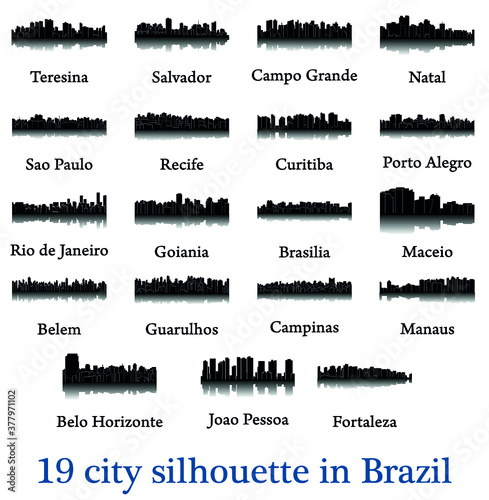 Set of 19 city silhouette in Brazil ( Rio de Janeiro, Salvador, Sao Paulo, Belem, Teresina, Natal, Campo Grande, Recife, Curitiba, Maceio, Goiania, Fortaleza, Manaus, Belo Horizonte, Campinas, )