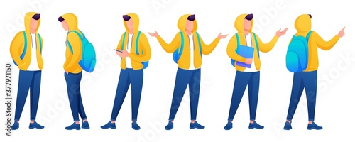 Set of young teenagers in different poses. Flat 2D Character