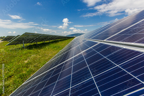 Field of solar panels for energy production, environmental energy on a green background