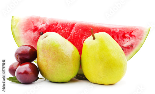 Watermelon with plums and pears.