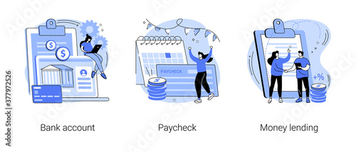 Money transfer abstract concept vector illustration set. Bank account, paycheck, money lending, online banking, savings deposit, payroll, bank credit card details, abstract metaphor.