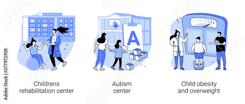 Children healthcare service abstract concept vector illustration set. Childrens rehabilitation center, autism center, child obesity and overweight, special needs pediatric help abstract metaphor.
