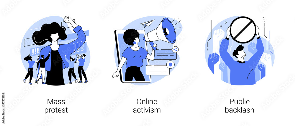Social movement abstract concept vector illustration set. Mass protest, online activism, public backlash, political rights, racial equity, social media, bias and discrimination abstract metaphor.