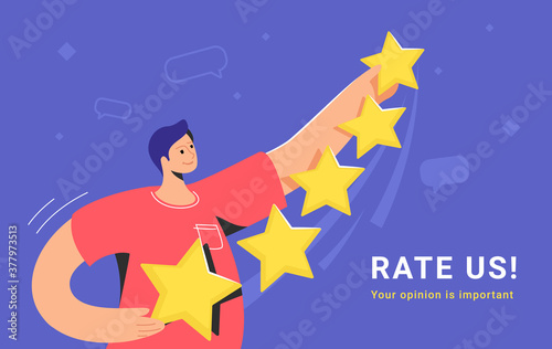 Customer review and user rating five stars. Flat teenage man standing alone and holding some yellow stars to rate a service or goods. Customer feedback and high rating template on blue background