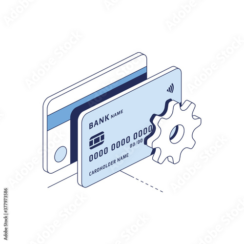 Credit Cards cog gears setting. Vector 3d line isometric, color web icons set, new flat style. Creative illustration, idea for infographics.