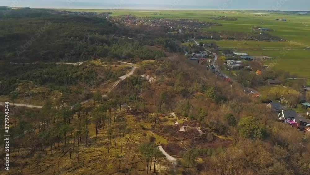 Drone shot from Dutch Forest and Dunes in the Netherlands with lots of trees and sandy walking paths. Drone shot from Dutch Forest and Dunes in the Netherlands with lots of trees and sandy walking paths.