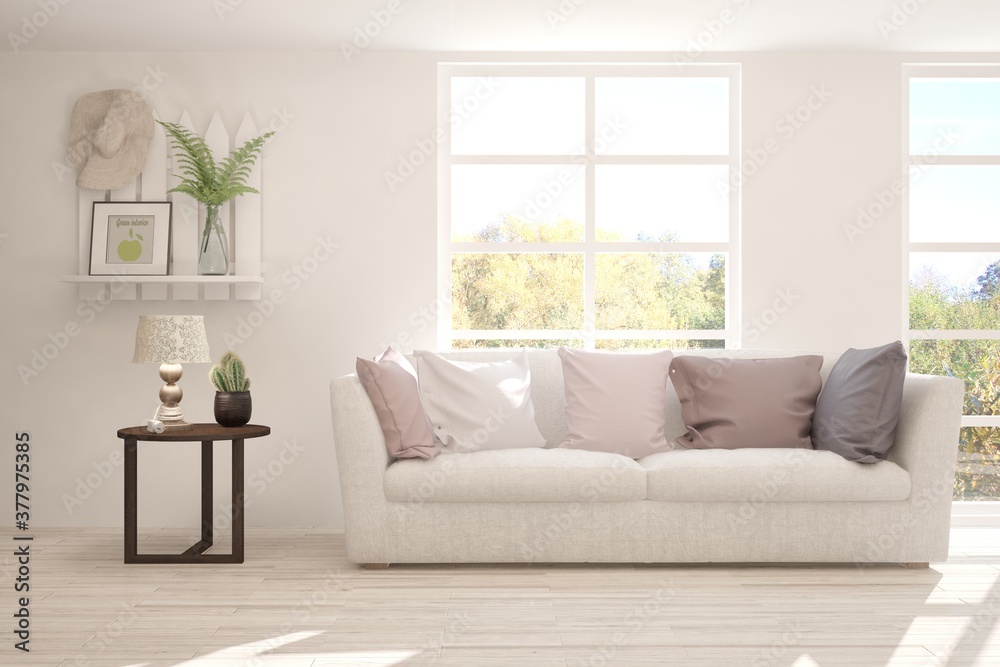 Fototapeta premium Stylish room in white color with sofa and autumn landscape in window. Scandinavian interior design. 3D illustration
