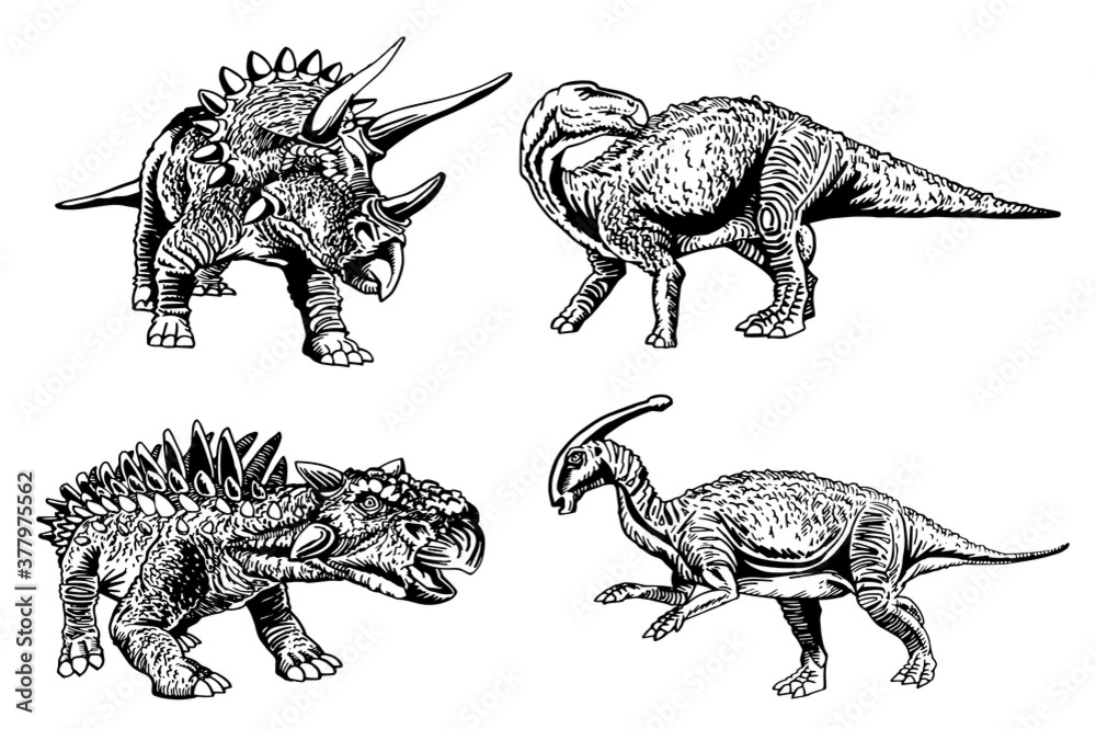 Obraz premium Set of dinosaurs on white background, vector hand-drawn illustration
