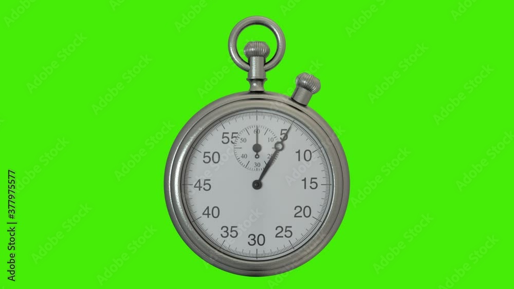 Realistic stopwatch with moving arms measures one minute on green screen Realistic stopwatch with moving arms measures one minute on green screen