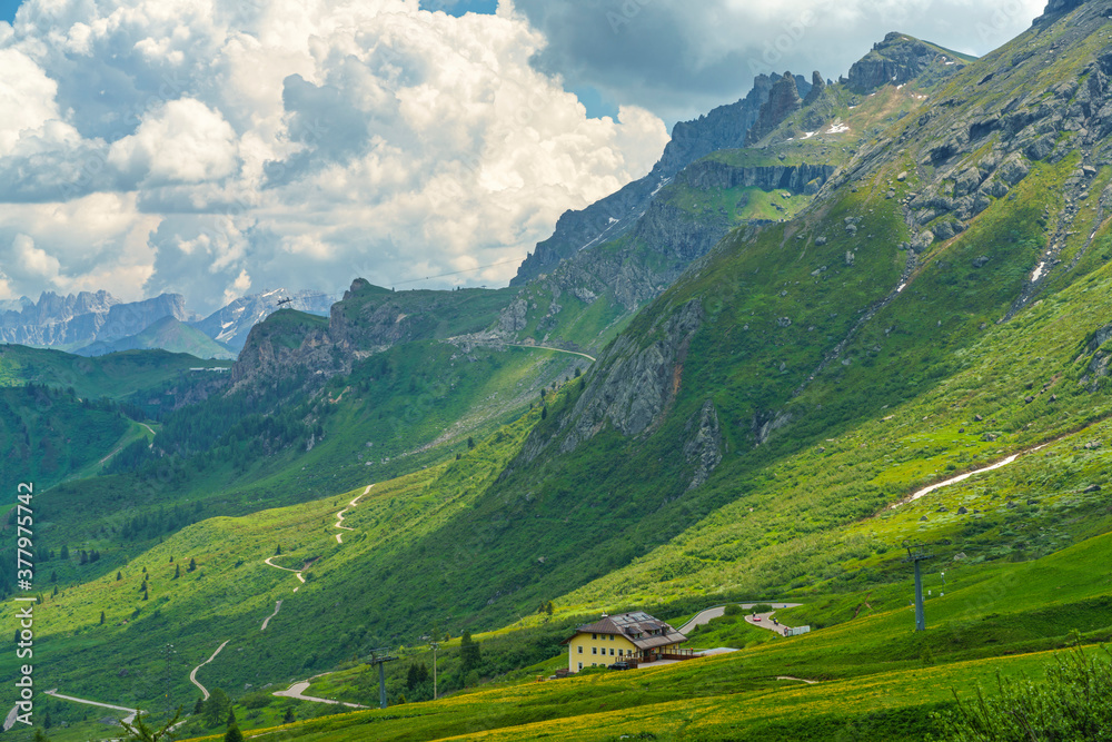 Mountain landscape along the road to Pordoi pass, Dolomites