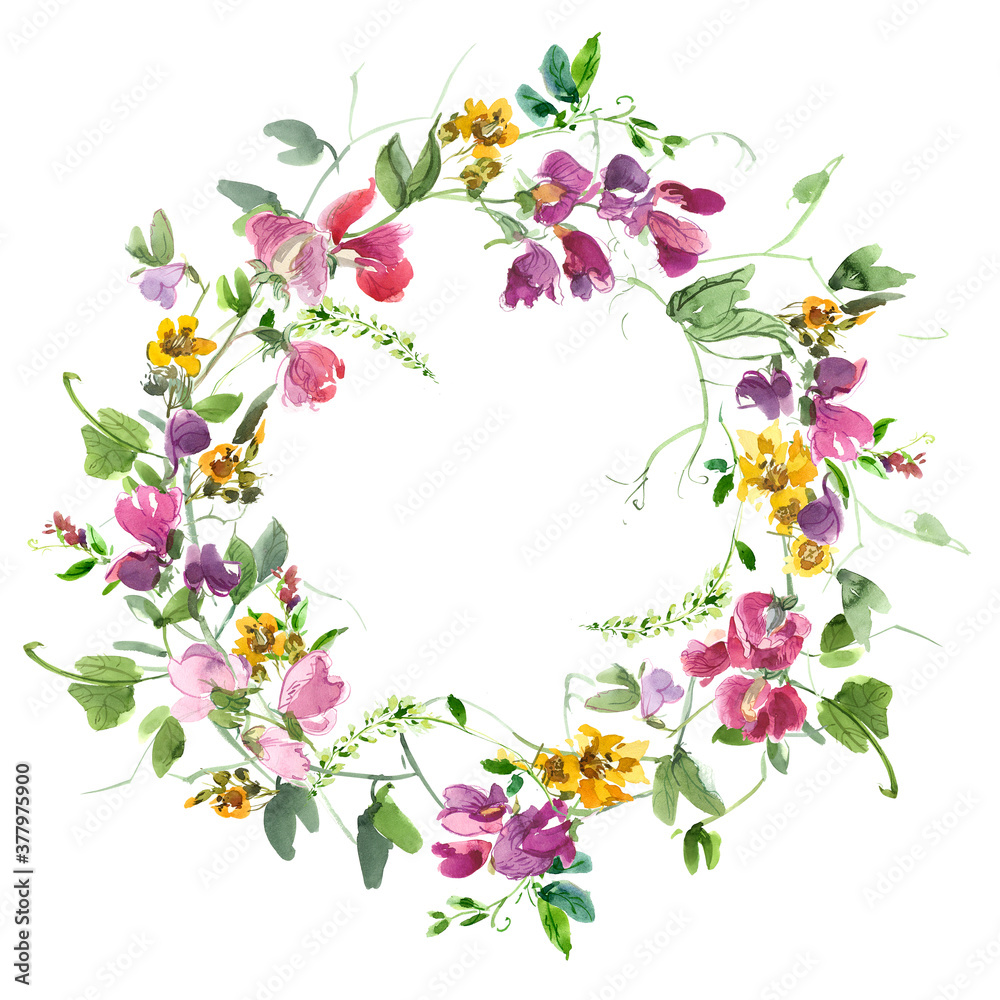 Colorful Field Flowers with Pink Sweet Peas Wreath - Watercolor Floral Frame Good for Wedding invitations and Greeting cards.