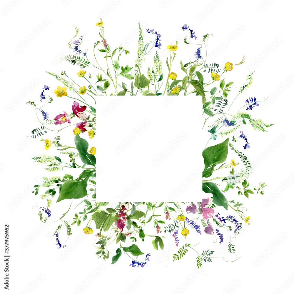 custom made wallpaper toronto digitalSummer Field Flowers and Sweet Peas Composition - Floral Watercolor Square Frame - Good for Invitation and Greeting card. 