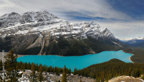 Snow capped Caldron Peak overlooking Peyto Lake and Mistaya River Valley