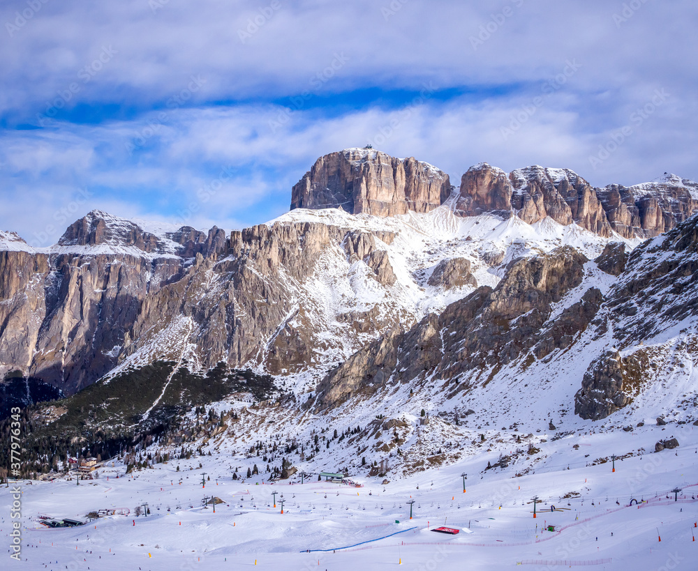 View of Dolomites Mountains in Italy. Ski area Belvedere. Canazei, Italy