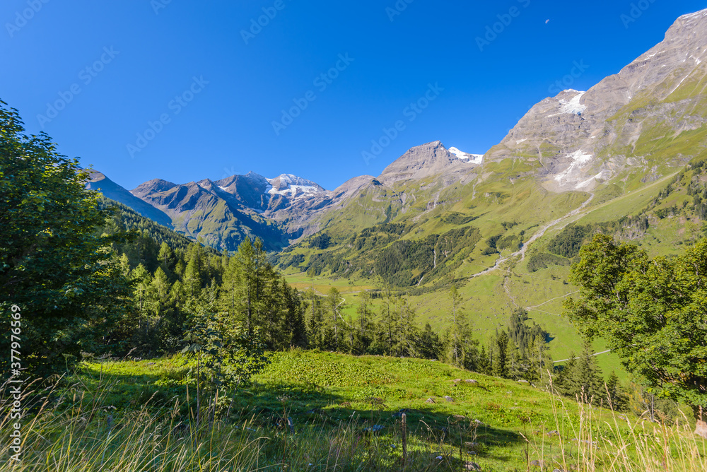 Great views to the peaks of the Austrian Alps, Hohe Tauern national park. Picturesque and beautiful scene. Near nice small city Kaprun, Austria, Europe.