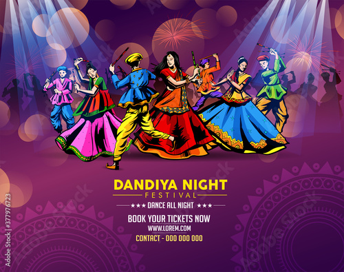 Vector design of Indian couple playing Garba in Dandiya Night  in disco  poster forNavratri Dussehra festival of India Invitation Card Background.