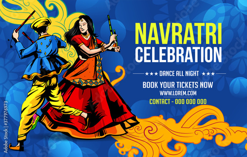 Vector design of Indian couple playing Garba in Dandiya Night  in disco  poster forNavratri Dussehra festival of India Invitation Card Background.