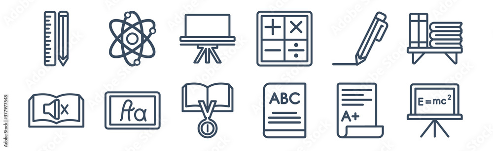 12 pack of icons. thin outline icons such as theory of relativity, alphabet book, handwriten alphabet, pen, easel, physics for web and mobile apps, logo 12 pack of icons. thin outline icons such as theory of relativity, alphabet book, handwriten alphabet, pen, easel, physics for web and mobile apps, logo