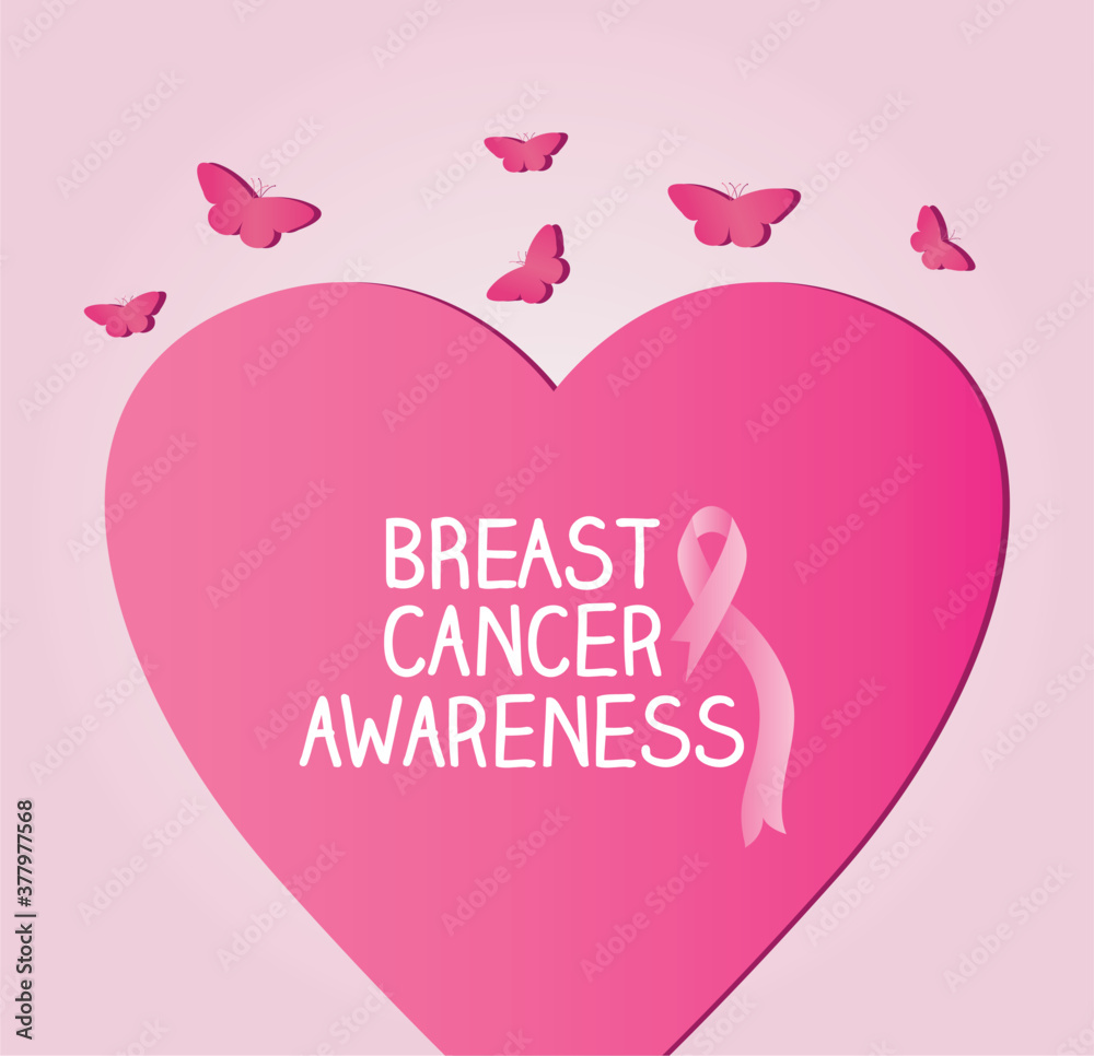 breast cancer awareness design with big pink heart and butterflies
